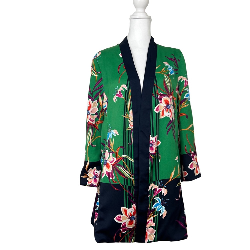Chico's Green & Navy Blue Colorblock Floral Kimono Jacket Long Sleeve Medium - Picture 1 of 7